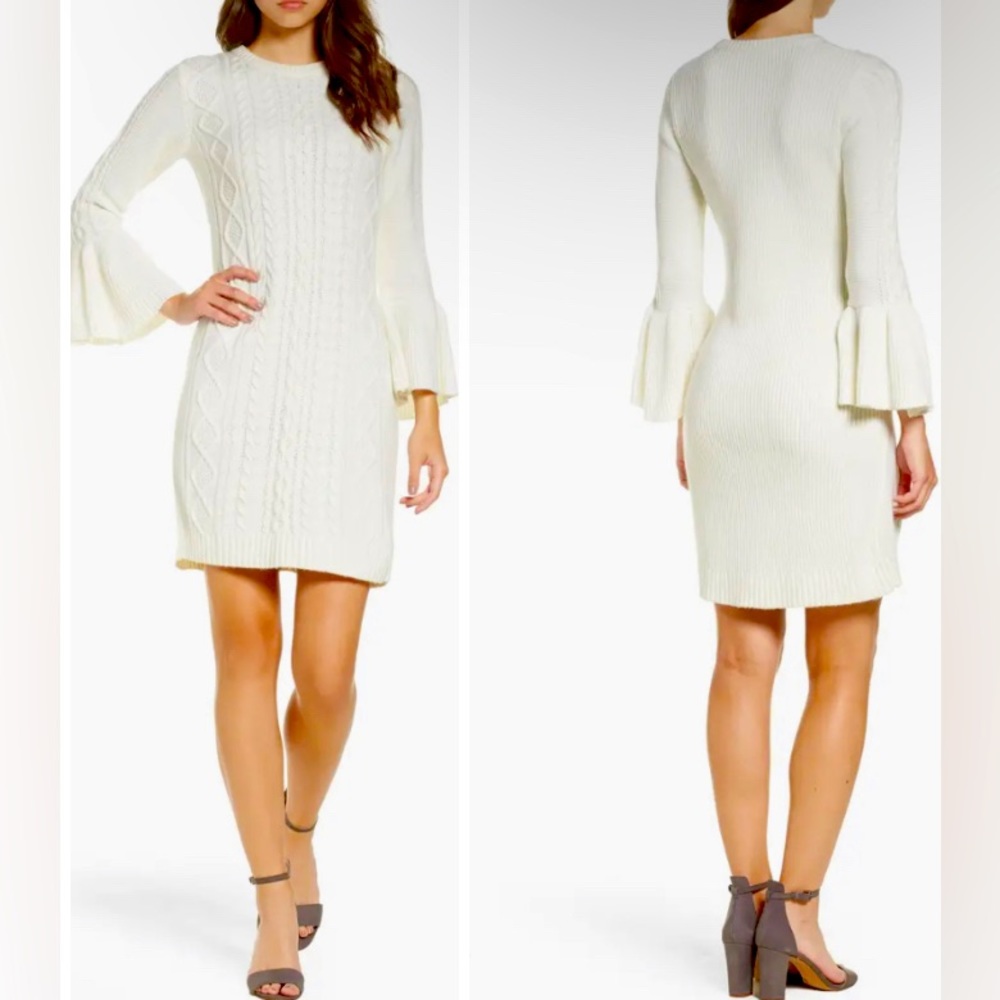 Boston Proper Mix Cable Sweater Dress Women’s S Off White Cozy Knit Ruffle Cuff